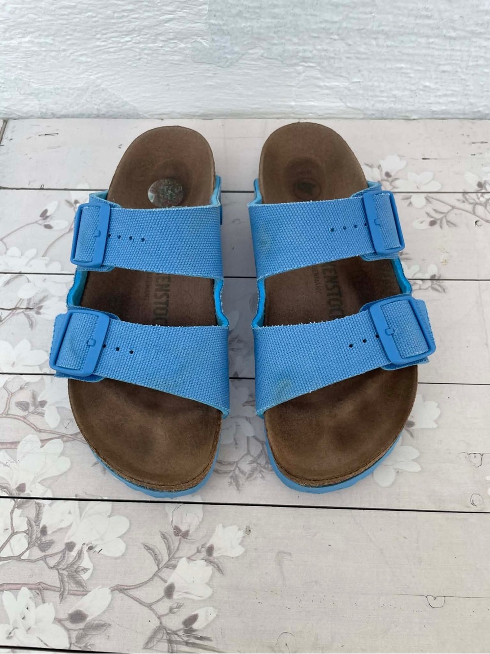 Womens Blue Double-Strap Slide Sandals